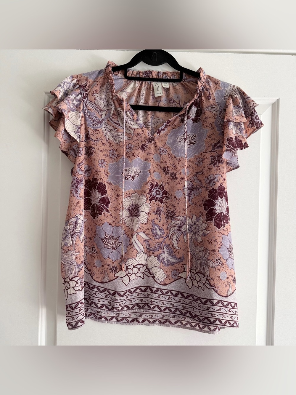 Joie Mauve Pink & Purple Floral Ruffle Short Sleeve Blouse